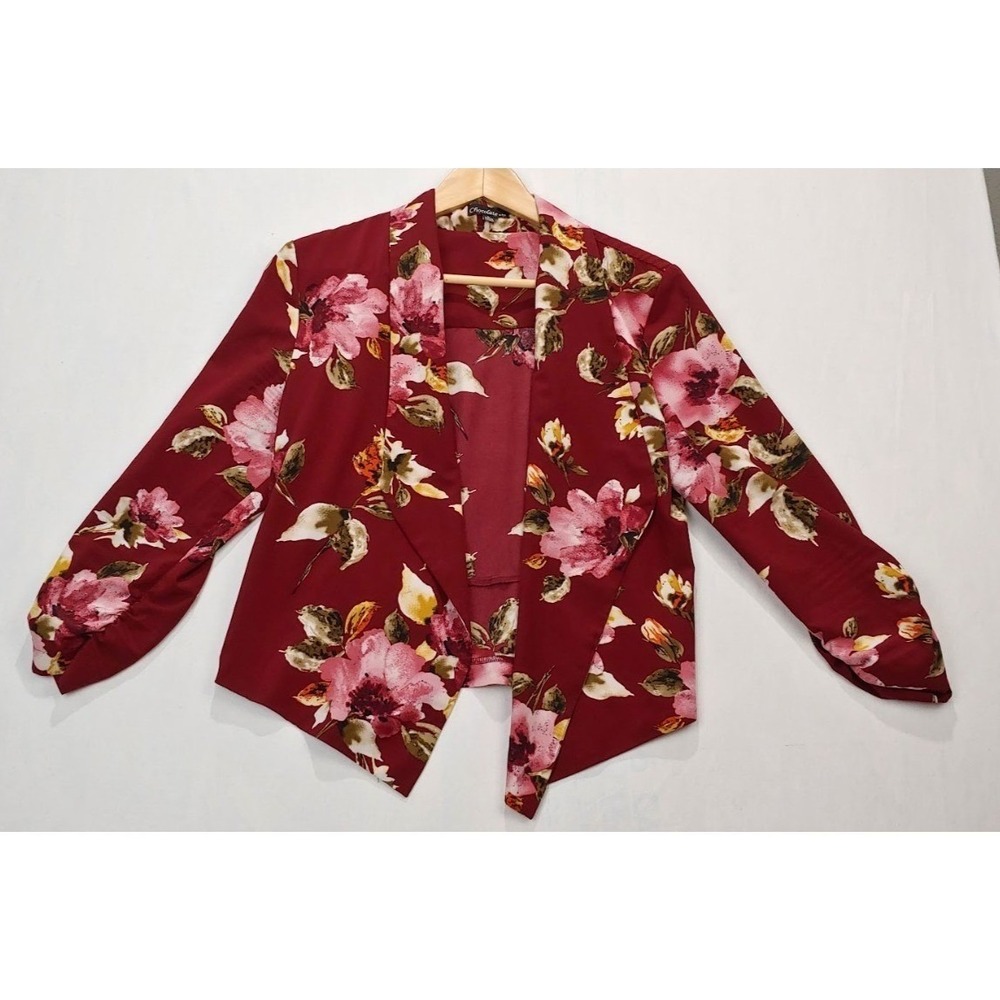 Womens Burgundy Sile L Floral Open Front Blazer Jacket Cardigan Chocolate USA Lq - Picture 2 of 11